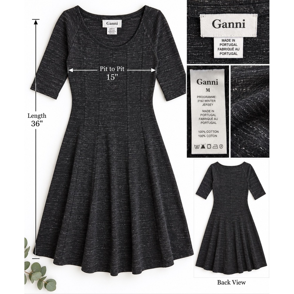 GANNI Winter Jersey Dress M Charcoal Cotton Scandi Copenhagen Fit Flare Minimal - Picture 2 of 8